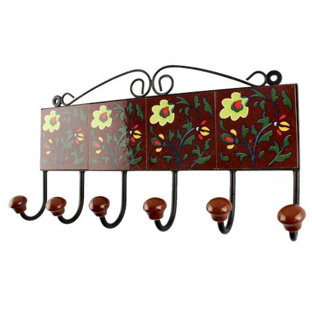 Ceramic Floral Tile Hook in Dark Brown